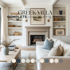GREEK VILLA Sherwin Williams Paint Palette Modern Neutral color scheme Complementary Colors that include cabinets, kitchen, and living room