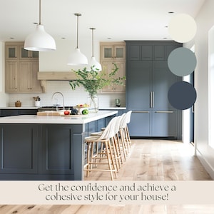 May include: A modern kitchen with white cabinets, a large island, and a white countertop. The island has a white countertop and four bar stools. The kitchen has a light wood floor and a white ceiling. The walls are painted a light blue color. The kitchen has a large window that lets in natural light. The kitchen is decorated with a few plants. The image also includes a color palette with three shades of blue and a white.