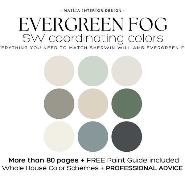 EVERGREEN FOG paint palette Sherwin Williams Color Palette whole house paint palette Evergreen Fog coordinating color sage green color idea