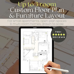 May include: A digital tablet displaying a black and white architectural floor plan with furniture layout. The screen shows the text Up to 3 room Custom Floor Plan & Furniture Layout, For small apartments, open-plan spaces & multi-room homes, drawn to scale, and 700+ REVIEWS.