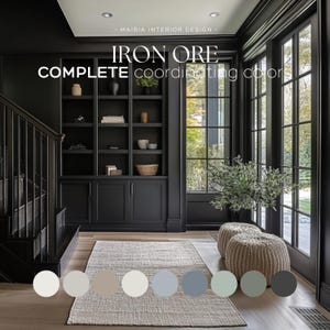 Peut inclure: Une image en noir et blanc d'une pièce avec un escalier noir, une bibliothèque noire et une porte noire. La pièce a un tapis avec une variété de couleurs, y compris le blanc, le beige, le bleu et le vert. Le texte "IRON ORE COMPLETE coordinating color" est affiché au-dessus de la bibliothèque.