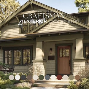 Op de afbeelding: Een huis in Craftsman-stijl met een groene deur en een 4-kleurig exterieurpalet. De kleuren zijn wit, grijs, bruin, groen, blauw, rood en beige.