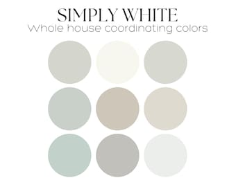 May include: A color palette of nine Benjamin Moore Simply White paint colors, including a white, a light gray, and a light green. The colors are arranged in a grid of three rows and three columns. The text "Benjamin Moore" and "Simply White" is at the top of the image. The text "Whole house coordinating colors" is below the title. The text "Maisia Interior Design" is at the bottom of the image.