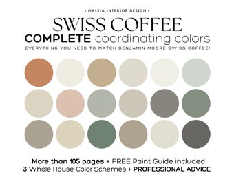 SWISS COFFEE Benjamin Moore Color Palette, Whole house paint palette, Swiss Coffee paint color palette Swiss Coffee coordinating color