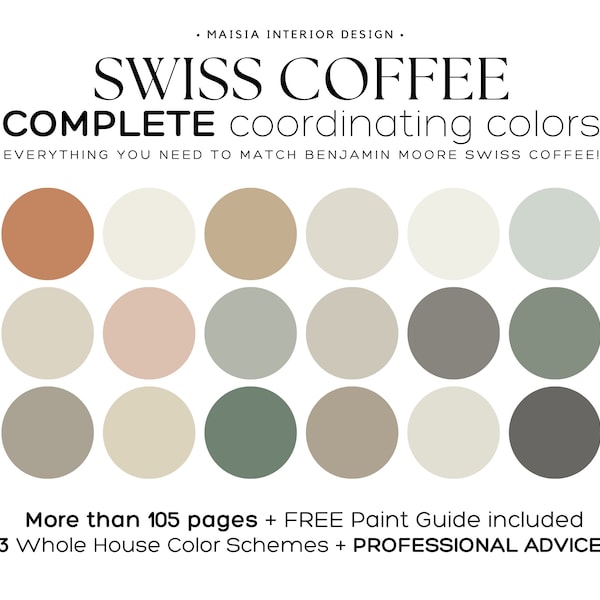 SWISS COFFEE Benjamin Moore Color Palette, Whole house paint palette, Swiss Coffee paint color palette Swiss Coffee coordinating color