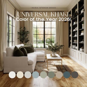 May include: A living room interior featuring a white sectional sofa with olive green throw pillows, a marble-topped coffee table, and a built-in bookshelf. The room has large windows with beige curtains. Text reads "UNIVERSAL KHAKI Color of the Year 2026!"