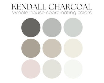 May include: A color palette featuring nine shades of gray, from dark charcoal to light white, labeled "Kendall Charcoal" and "Whole house coordinating colors" by Benjamin Moore. The palette is designed by Maisia Interior Design.