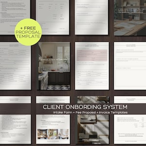 Op de afbeelding: Een verzameling interieurontwerpsjablonen, waaronder intakeformulieren, offertevoorstellen en factuursjablonen. De documenten worden weergegeven op een donker houten oppervlak. De tekst "+ FREE PROPOSAL TEMPLATE" is zichtbaar.