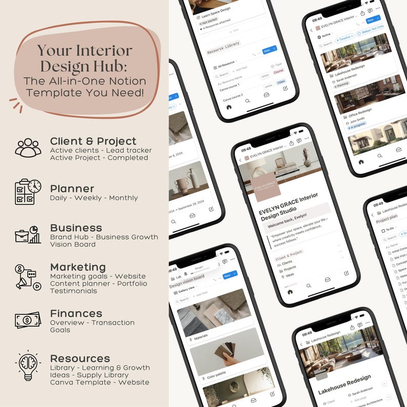 Notion Template INTERIOR DESIGNER notion Dashboard small business Planner Interior Design notion templates brain Interior Design template