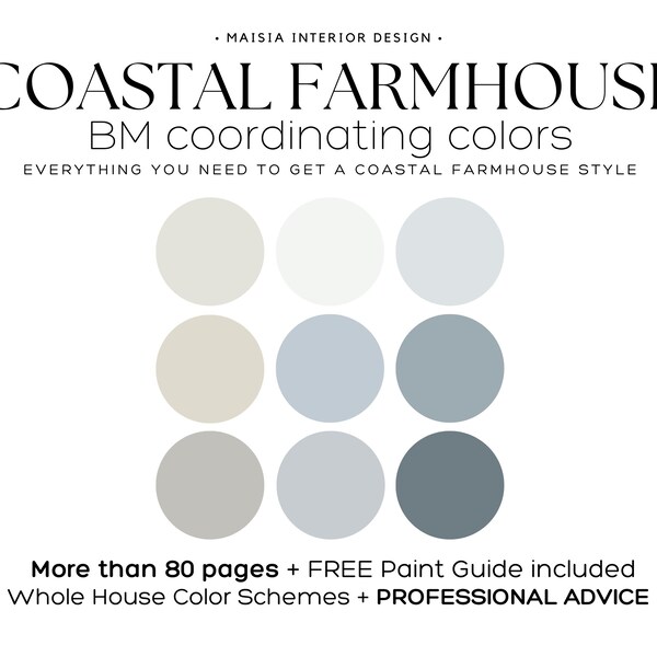 Coastal color palette BENJAMIN MOORE Color Palette whole house paint palette blue paint color idea for home coastal farmhouse paint palette