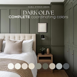 DARK OLIVE Whole House Paint Palette Best Dark Green bedroom moody coordinating color Green Gray wainscoting Benjamin Moore Color Palette