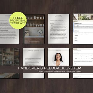 May include: A collection of documents, including a proposal template and feedback form, arranged on a dark wood surface. The documents feature text and images, with the words "HANDOVER & FEEDBACK SYSTEM" prominently displayed. A green circle reads "+ FREE PROPOSAL TEMPLATE."