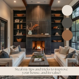 May include: A living room with a fireplace, a large sectional sofa, and a coffee table. The fireplace is surrounded by a dark brown wall with a wooden mantel. The sofa is white with pillows in shades of brown and gray. The coffee table is made of wood and has a rustic look. The room is decorated in a modern farmhouse style with a neutral color palette.