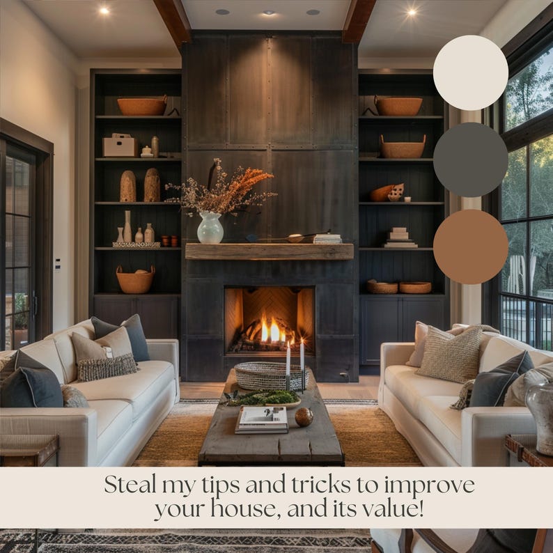 May include: A living room with a fireplace, a large sectional sofa, and a coffee table. The fireplace is surrounded by a dark brown wall with a wooden mantel. The sofa is white with pillows in shades of brown and gray. The coffee table is made of wood and has a rustic look. The room is decorated in a modern farmhouse style with a neutral color palette.