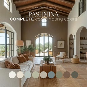 May include: Interior design image featuring a living room with a white sofa, brown throw pillows, and a wooden coffee table. The room has large windows, arched doorways, and a neutral color palette. Text reads "PASHMINA COMPLETE coordinating colors."