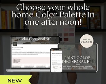Könnte beinhalten: Ein digitales Paint Color DECISIONAL KIT auf einem Laptop, Smartphone und Tablet-Bildschirm. Der Text lautet Choose your whole home Color Palette in one afternoon, Instant Download und MAISIA INTERIOR DESIGN. Ein gelbes NEW-Banner ist zu sehen.