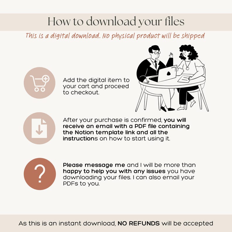 K&ouml;nnte beinhalten: Illustration einer Person, die einen digitalen Artikel in ihren Warenkorb legt, und einer anderen Person, die eine E-Mail mit einer PDF-Datei erh&auml;lt. Der Text lautet: "So laden Sie Ihre Dateien herunter. Dies ist ein digitaler Download. Es wird kein physisches Produkt versandt. Legen Sie den digitalen Artikel in Ihren Warenkorb und fahren Sie mit dem Checkout fort. Nach Best&auml;tigung Ihres Kaufs erhalten Sie eine E-Mail mit einer PDF-Datei, die den Link zur Notion-Vorlage und alle Anweisungen zum Starten der Verwendung enth&auml;lt. Bitte kontaktieren Sie mich, wenn Sie Probleme beim Herunterladen Ihrer Dateien haben. Ich kann Ihnen Ihre PDFs auch per E-Mail zusenden. Da es sich um einen sofortigen Download handelt, werden KEINE R&Uuml;CKERSTATTUNGEN akzeptiert."