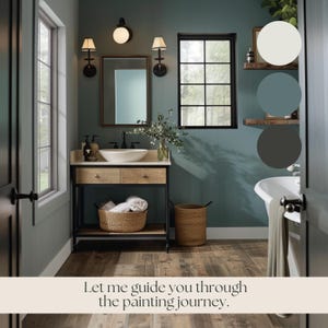 May include: A bathroom with a teal green wall, a white bathtub, a wooden vanity with a sink, and a mirror. The bathroom also has a window with black trim, a black door, and a set of shelves with three paint swatches: white, teal green, and dark gray.