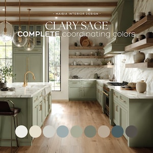 May include: A modern kitchen design featuring sage green cabinetry, marble countertops, and wooden shelves. The image includes the text "CLARY SAGE COMPLETE coordinating colors" and a color palette. The kitchen has a large island with a gold faucet and pendant lights.