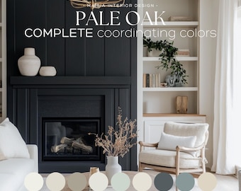 Puede incluir: Un tablero de inspiración para el diseño de interiores de una sala de estar con una chimenea negra y estantes empotrados blancos. El texto "Pale Oak Complete coordinating colors" se muestra en la pared sobre la chimenea. Una paleta de colores blanco, beige, gris y azul se muestra debajo de la chimenea.