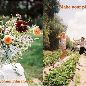 Puede incluir: Tres mujeres saltan en un campo de fresas con un cielo azul brillante y nubes blancas. El texto "Make your photos POP!" está en la parte superior de la imagen. El texto "Film Staples: 35 mm Film Presets" está en la parte inferior de la imagen.