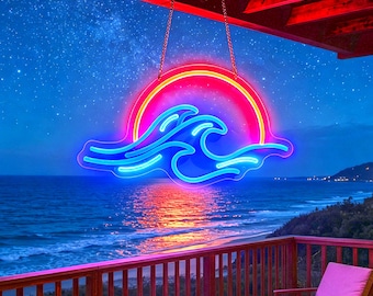 Sun Ocean Neon Sign Decor, Sun & Waves LED Neon Sign, Home Bar Decor, Sunrise Art, Custom Sunset Wave Neon Sign, Ocean Sunrise Wall Decor