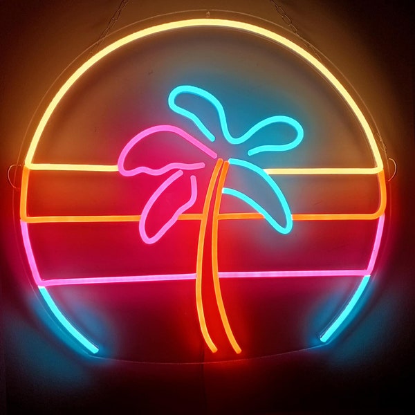 Tropical Palm Tree Neon Sign, Beach Sunset Wall Art, Palm Tree Wall Art, Beach Neon Sign, Neon Sign, Palm Wall Decor, Vaporwave Neon Sign