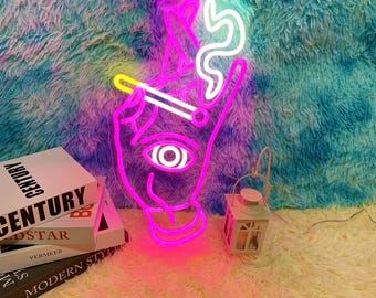 Custom Smoking Hand Neon Sign, Psychedelic Eye LED Art