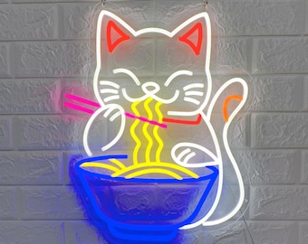 Fortune Cat Ramen Neon Sign, Japanese Anime Led Light, Lucky Cat Neon Sign, Ramen Japanese Noodles Custom Led Neon Sign, Personalized Gift