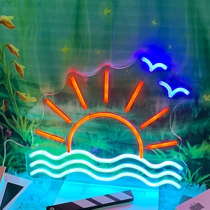 Sun & Ocean LED Neon Sign: Sunrise Sunset Decor, Custom Logo