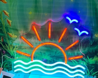 Sun & Ocean LED Neon Sign: Sunrise Sunset Decor, Custom Logo
