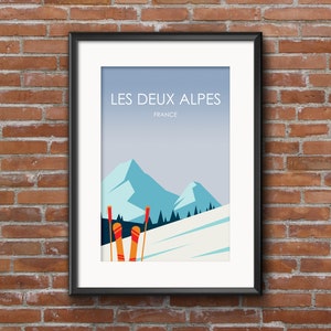 French Alps Poster Print. Deux Alpes, France, French Alps Illustration