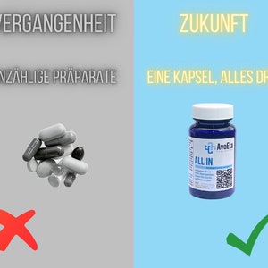 Peut inclure: Comparaison de deux méthodes de prise de compléments alimentaires. À gauche, un tas de pilules et de gélules diverses avec une croix rouge. À droite, un flacon bleu de compléments alimentaires étiqueté "AvoEta All In" avec une coche verte.