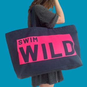 Large Jumbo Giant Oversized Canvas SWIM WILD Wild Swimming Sea Swimming Tote Canvas Bag - Navy + NEON Pink