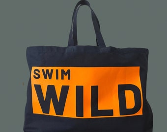 Large Jumbo Giant Oversized Canvas SWIM WILD Wild Swimming Sea Swimming Tote Canvas Bag - Navy + NEON Orange