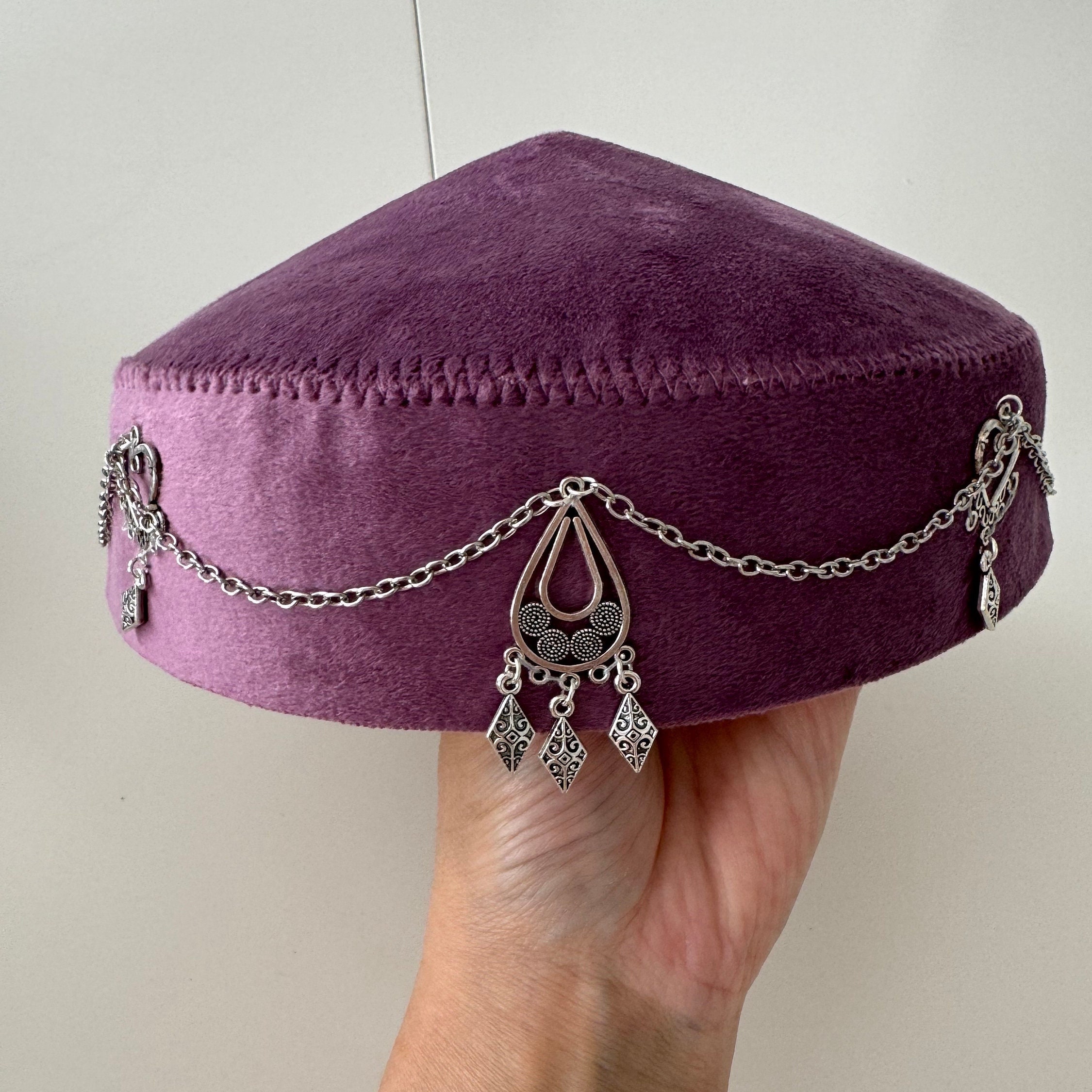Kazakh Takia Hat: Purple Velvet Tubeteika With Ethnic 