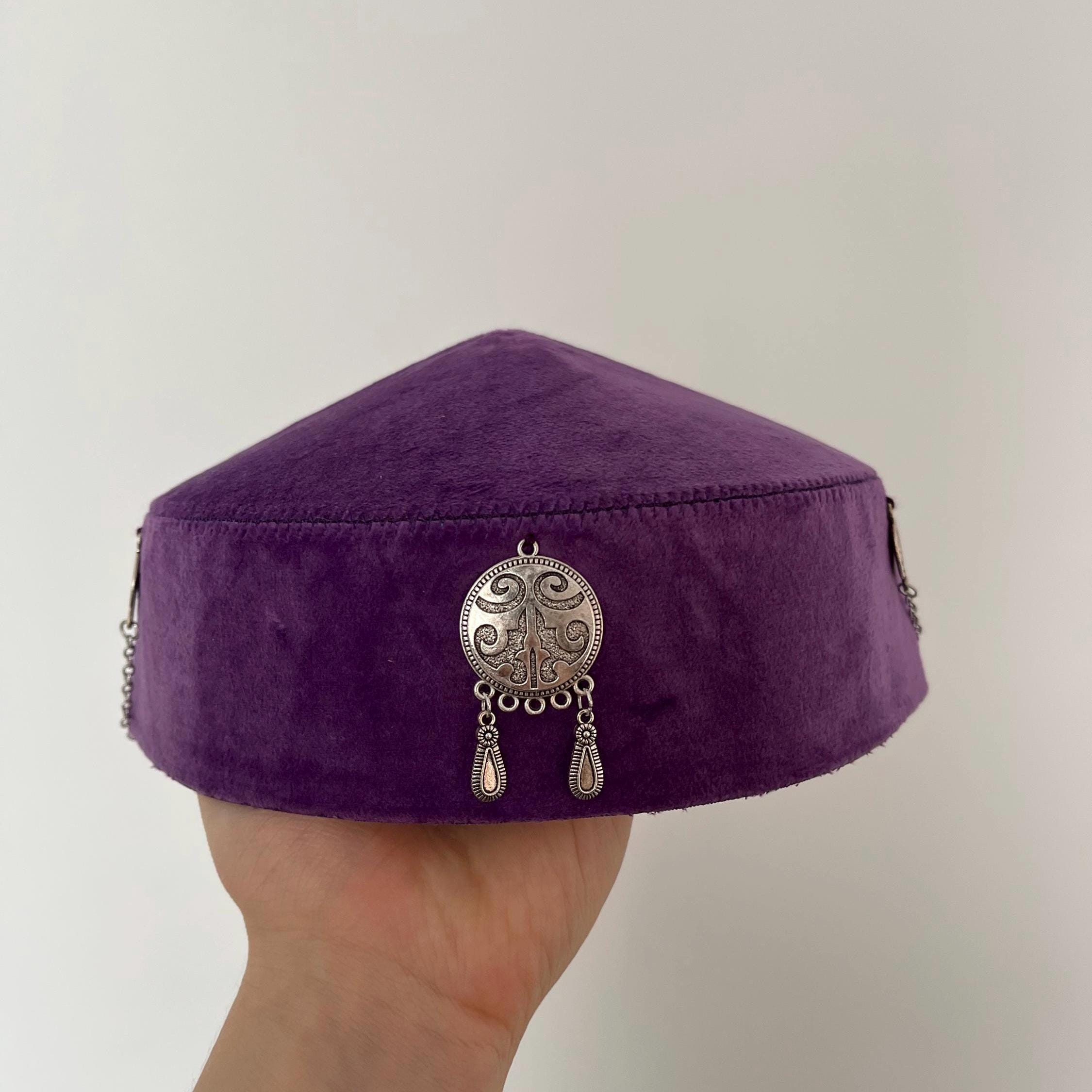 Embellished Purple Velvet Uzbekistan hat 5” skull hat Kazakh Takia Hat: Purple Velvet Tubeteika With Ethnic  main image 4