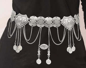 Kazakh Kyrgyz Afghan Texas Turkish Uzbek Silver coloured pendant belt ethnic vintage boho accessories Central Asian Traditional jewelry