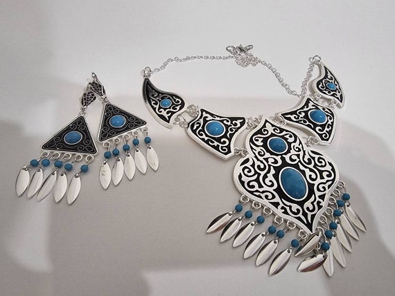 Ethnic Kazakh Kyrgyz Afghan Turquoise Necklace & Earrings, Handmade Central Asian Jewelry Set