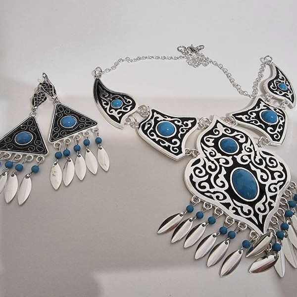 Kazakh, Kyrgyz, Uzbek, Afghan, Central Asia Ethnic Antique  Retro Boho Handmade Turquoise Necklace  Earring Art Gift Mother's Silver Pendant