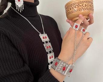 Central Asian Red Gemstone Jewelry Set: Antique Boho Kazakh Kyrgyz Pendant Earrings Bracelet Necklace