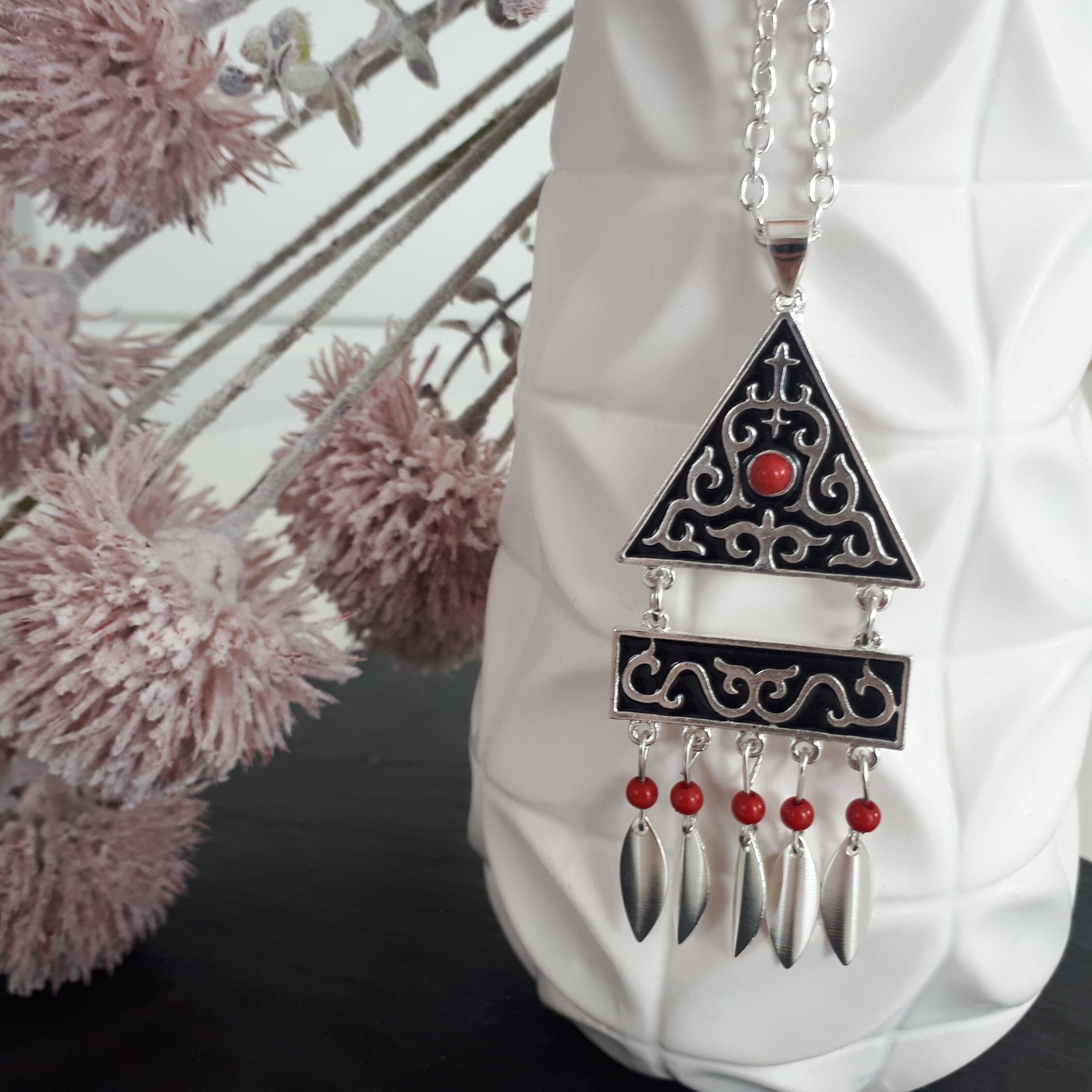 Collier Ethnique Ancien D'Asie Centrale (Ouzbékistan) - Argent Et Laiton Émaillé