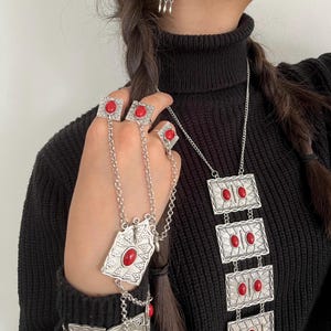 Central Asian Red Gemstone Jewelry Set: Antique Boho Silver Pendant Earrings