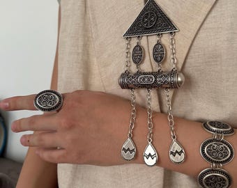 Handmade Central Asian Silver Jewelry Set: Turquoise Necklace, Bracelet, Earrings
