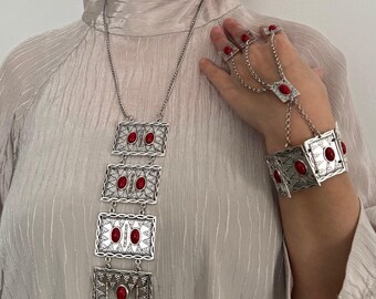 Kazakh, Kyrgyz, Uzbek, Afghan, Central Asia Ethnic Antique  Retro Boho Handmade Red Gemst Necklace  Earring Art Gift Silver Coloured Pendant