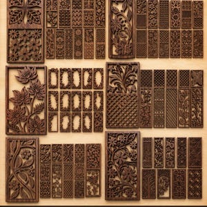 Könnte beinhalten: Eine Sammlung dunkelbrauner Holzpaneele mit komplexen lasergeschnittenen Blumen-, Geometrie- und Gittermustern. Das Bild enthält den Text PREMIUM DESIGNS FOR CNC & LASER PROJECTS und DIGITAL DOWNLOAD SVG EPS DXF PDF DWG.