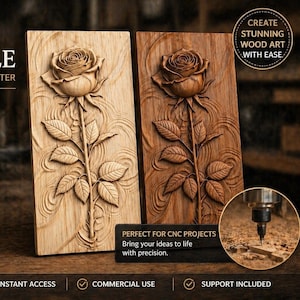 Könnte beinhalten: Zwei Holzreliefs einer Rose mit Blättern und Stiel. Die Schnitzereien sind in hellen und dunklen Holztönen gehalten. Auf der linken Seite steht "ROSE CNC STL FILE" und "3D RELIEF MODEL FOR CNC ROUTER".