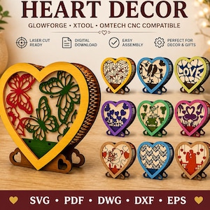 May include: 3D layered heart decor with laser-cut designs. The image shows several heart-shaped decorations with intricate patterns and designs, including butterflies, flowers, and the word "LOVE". The text includes "Laser Cut Ready" and "Digital Download".