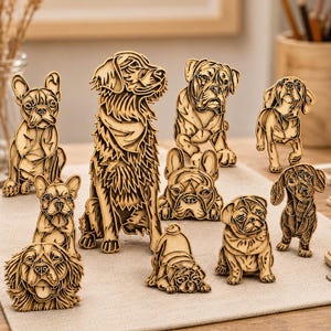 May include: A collection of ten laser-cut wooden dog figurines featuring various breeds including a golden retriever, French bulldogs, a pug, and a dachshund. Each figure displays intricate layered wood grain patterns and detailed etched lines.