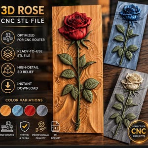 バラの3D STLファイル CNCルーター木彫り | バラの花のレリーフパネル壁アート | VCarve Aspire Artcam対応デジタルダウンロード